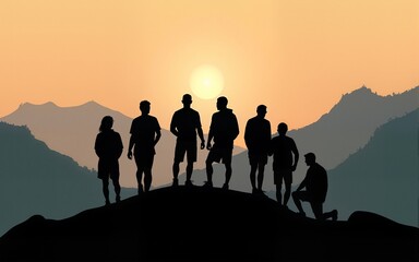 Silhouette of the team on the peak of mountain. High quality
