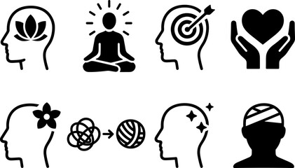 Mindfulness and mental health icons: self-care, meditation, wellness, and healing symbols in black and white