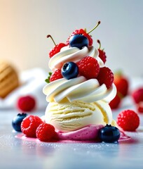 A dessert with a white frosting and blueberries and strawberries on top