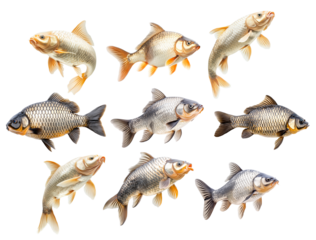 Set of common carp fish with detailed scales and fins, isolated on white transparent background