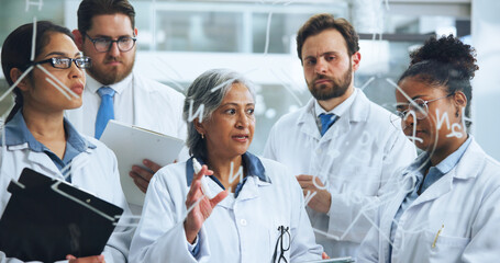 Glass, formula and team with people in lab for chemical structure, medical drug trail and research. Brainstorming, vaccine molecule and amino acids equation with scientists in clinic for healthcare