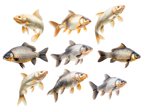 Set of common carp fish with detailed scales and fins, isolated on white transparent background