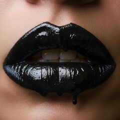 A woman's lips are painted black and have a black substance dripping from them