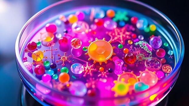 petri. Glowing Petri dish overflowing with vibrant abstract representations of scientific concepts. STEM education sheets, lab safety posters, designed for biotech research communications.