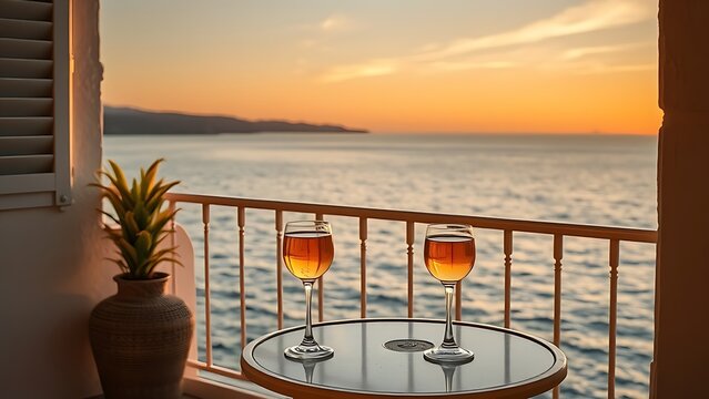 ouzo. Aegean Sea balcony at sunset with ouzo glass reflecting the golden hour light. inspiring travel planning, bar promotions, designed for food & beverage menus and cafe branding.