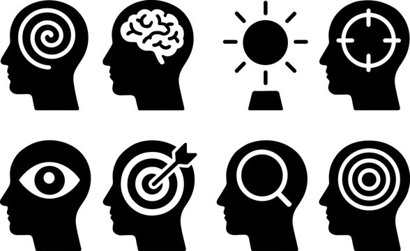 Silhouette icons of human heads with symbols for ideas and focus concepts - Powered by Adobe