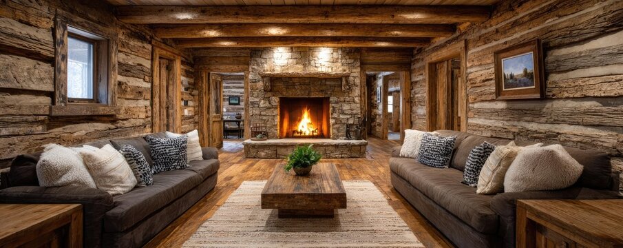 Cowboy interior with old wooden wall background concept. Cozy log cabin interior with a warm fireplace and inviting decor.