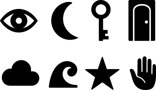 Mystical silhouette icons: eye, moon, key, door, cloud, wave, star, hand