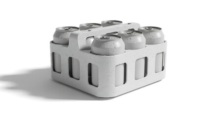 Six Pack of White Beverage Cans in a White Cardboard Carrier with Water Droplets drinks soda