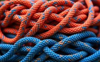 a net of colored rope with red, blue and orange colors, Suitable for outdoor, adventure, teamwork and leadership concept designs. Colorful, strong, teamwork, adventure, outdoor, vibrant, leadership,