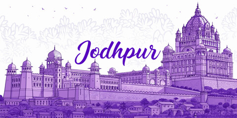 Jodhpur Skyline Line Art Featuring Mehrangarh Fort, Jaswant Thada, Umaid Bhawan Palace | Rajasthan Travel Artwork for Posters, Gifts and Tourism Promotion