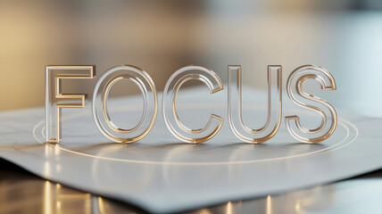 Transparent Glass and Gold FOCUS Text on a Minimalist Surface with Light Rings