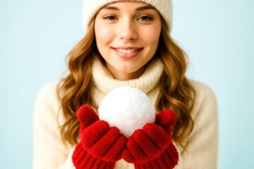 A woman is holding a snow ball in her hands