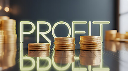 Neon Profit Sign Behind Three Increasing Stacks of Gold Coins