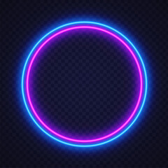 Bright neon circle glowing in pink and blue on a transparent background. Futuristic light frame perfect for banners, digital posters, and tech designs.