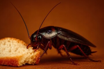 A brown and black cockroach is eating a piece of bread