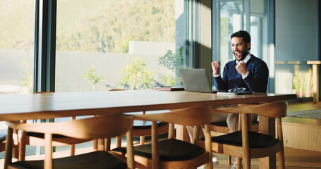 Happy, businessman and winning with laptop, good news or accomplishment for promotion in office. Excited, man and success with smile, fist pump or celebration on computer for bonus or salary increase