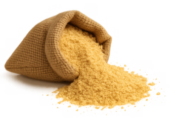 Brown sugar spilling from burlap sack, raw granulated cane sugar ingredient for baking and cooking on transparent background
