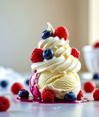 A dessert with a white frosting and blueberries and strawberries on top
