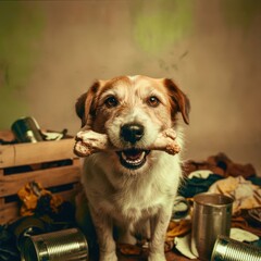 A dog is holding a bone in its mouth