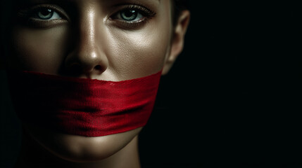 Emotional portrait of a woman with a red ribbon covering her mouth, symbolizing the silence and stigma surrounding HIV and AIDS. Concept of awareness, courage, and breaking the stigma.