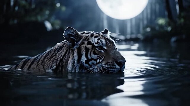 Powerful tiger wading through dark water under a full moon.