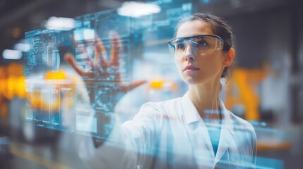 A focused woman in a lab coat interacts with a digital interface, emphasizing technology and innovation in a modern workspace.