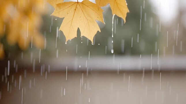 Yellow maple leaf rain drops falling in soft focus autumn nature peaceful background scene