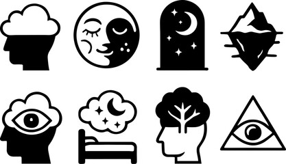 Mind and nature icons in monochrome silhouette style