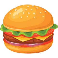 Detailed Illustration Of A Large Hamburger With Fresh Lettuce Ripe Tomato Sliced Onion Melted Cheese And Beef Patty On A Sesame Seed Bun Isolated On A Transparent Background