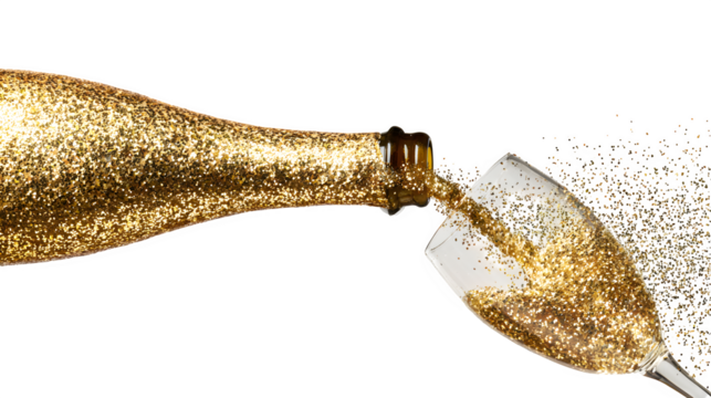 Champagne explosion with gold glitter, isolated on transparent background