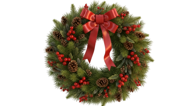 Festive Christmas Wreath Decorated with Pinecones Red Berries and Red Ribbon