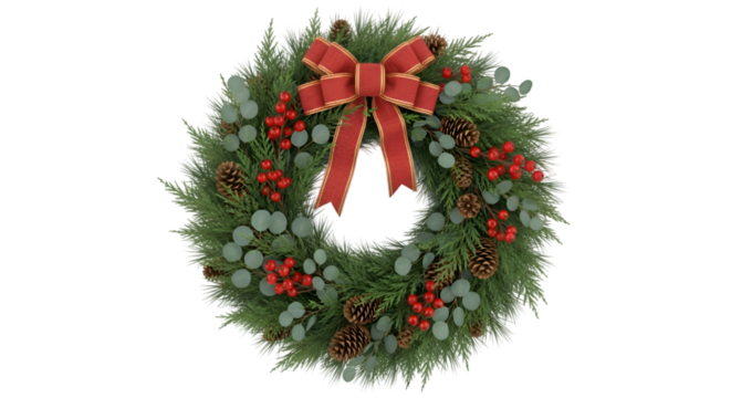 Festive Christmas Wreath with Red Bow Pinecones and Holly Decor on Green Fir Branches - Powered by Adobe
