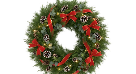 Decorative Christmas Wreath with Pinecones Red Ribbons and Lights for Holiday Decor