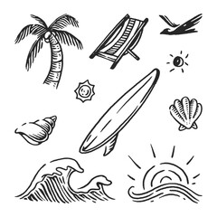 beach doodle set element hand drawn