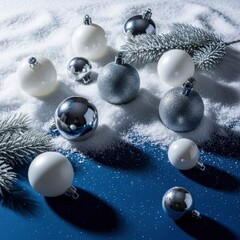 Elegant silver and white Christmas baubles on a snowy blue background with fir branches.