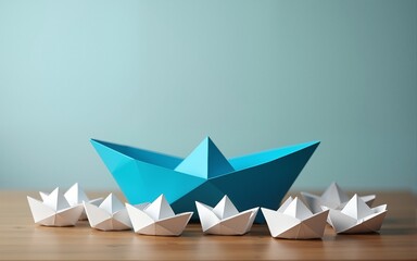 Blue Paper Boat Leading A Fleet Of Small White Boats On Wooden Table With Vintage Effect - Leadership Concept. High quality