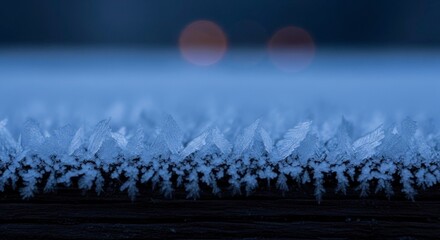 Intricate ice crystals forming a frosty pattern on a cold surface at night.