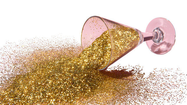Gold Glitter Overflowing from Martini Glass, isolated on transparent background