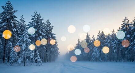 Magical Winter Forest Road with Snow Covered Trees and Bokeh Lights.