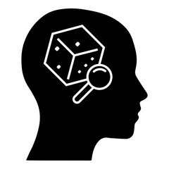Silhouette of Human Head with Cube and Magnifying Glass Icon Representing Critical Thinking and Problem Solving
