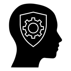 Silhouette Head Profile with Shield and Gear Icon Symbolizing Mental Security Strategy and Cognitive Protection