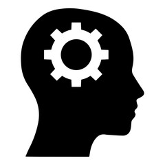 Silhouette of Human Head with White Gear Icon Symbolizing Thinking Strategy and Mind Processes