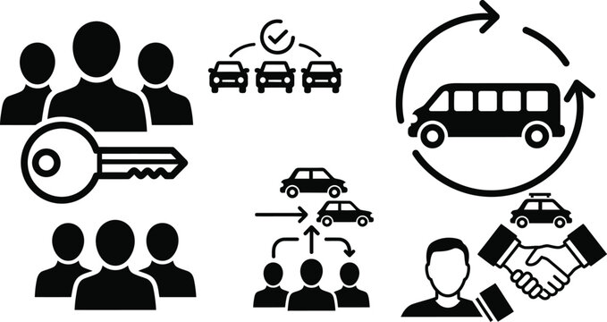 Carpooling vanpool ride sharing shared mobility services icons set