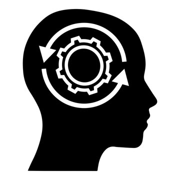 Silhouette Head with Gear and Circular Arrows Icon Representing Cognitive Process Thinking and Optimization Concept
