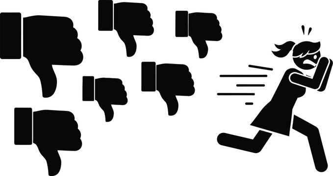 Social media criticism concept dislike thumbs down hate running away