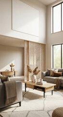 Fototapeta premium Modern Open Living Room with Natural Light and Wood Accents