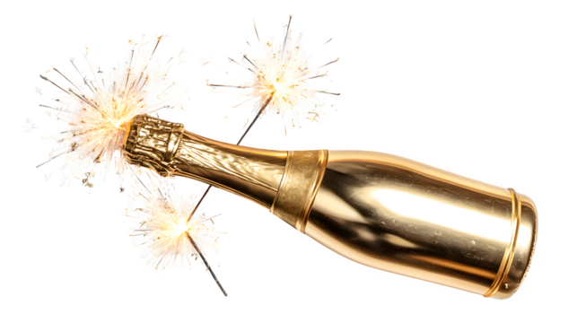 Golden Champagne Bottle with Sparklers, isolated on transparent background - Powered by Adobe