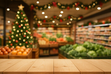 wooden top table with blurry background christmas tree with groceries store