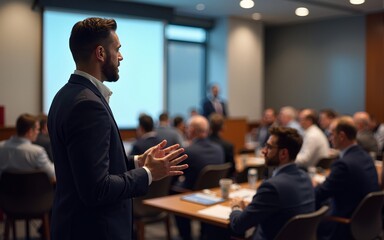 Businessman standing at podium with colleagues and speaks in a business seminar. High quality